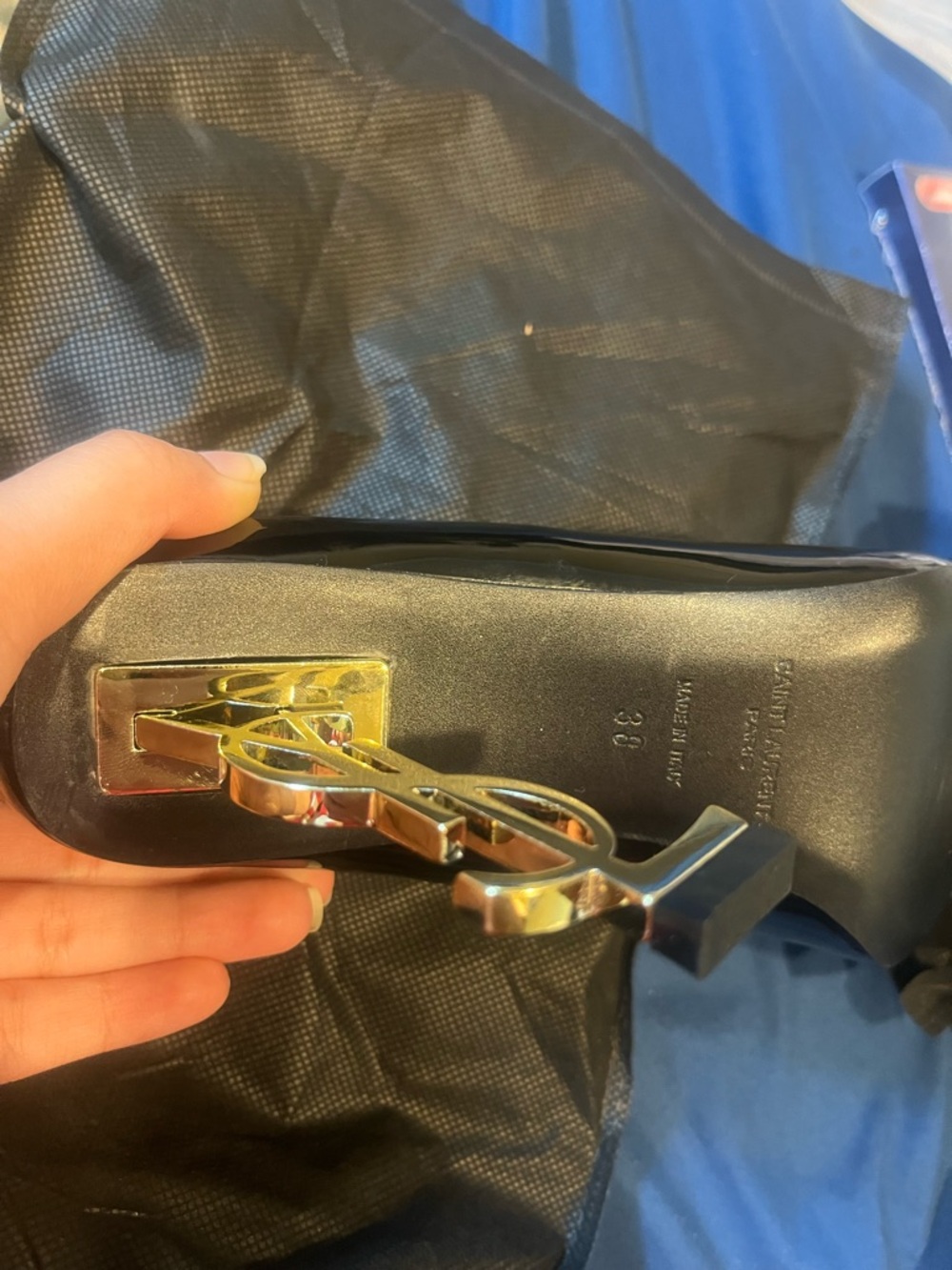 Yves Saint Laurent Black Patent Pumps with Gold YSL Heel Accent - Picture 5 of 5